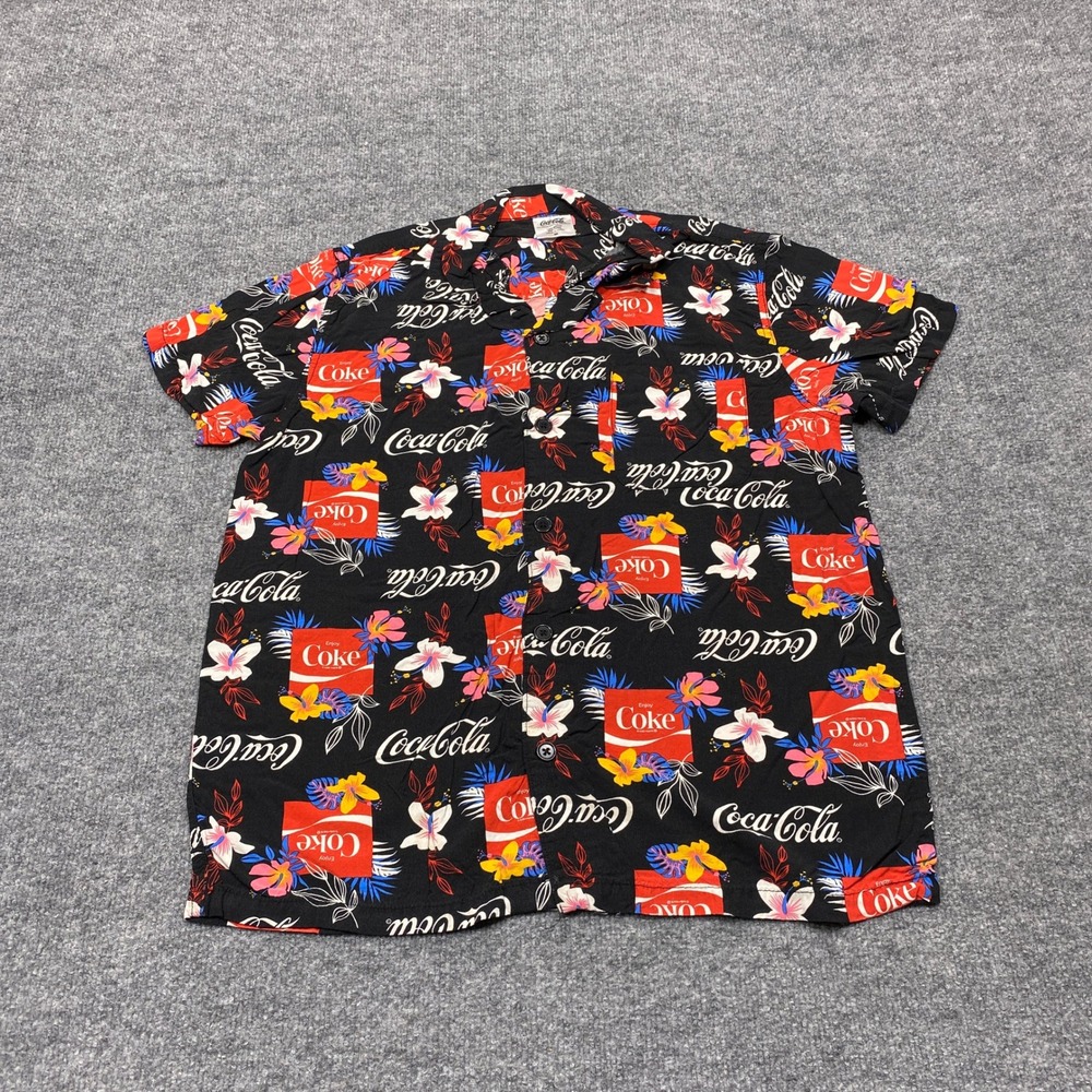 Coca-Cola Shirt Mens Medium Black Floral Logo Print Rayon Short Sleeve Button Up
